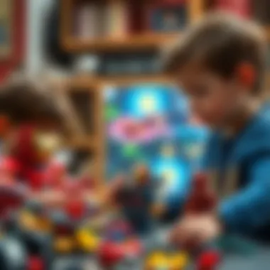 Children Engaging with Iron Man Lego Sets Children playing with Iron Man Lego sets