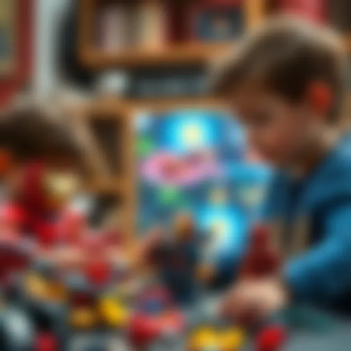 Children Engaging with Iron Man Lego Sets Children playing with Iron Man Lego sets