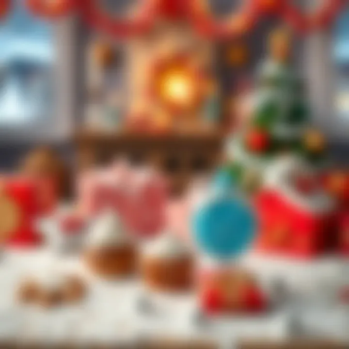 A festive table set with frozen treats and snowy decorations.