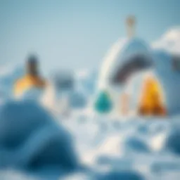 A whimsical snowy landscape with ice sculptures.