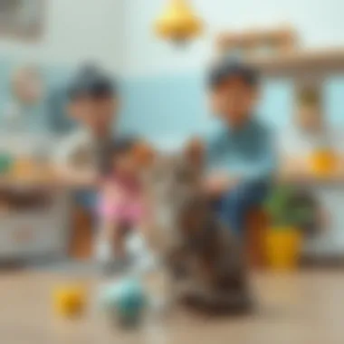 Family Moments with the Cat A family setting with a cat happily playing in a pet set