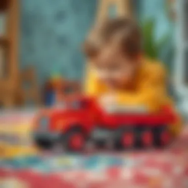 Child Playing with Red Truck Child playing with a red truck on a colorful rug