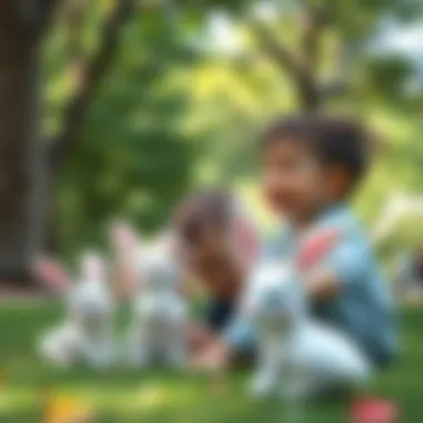Children playing joyfully with their favorite ear bunny toys in a park