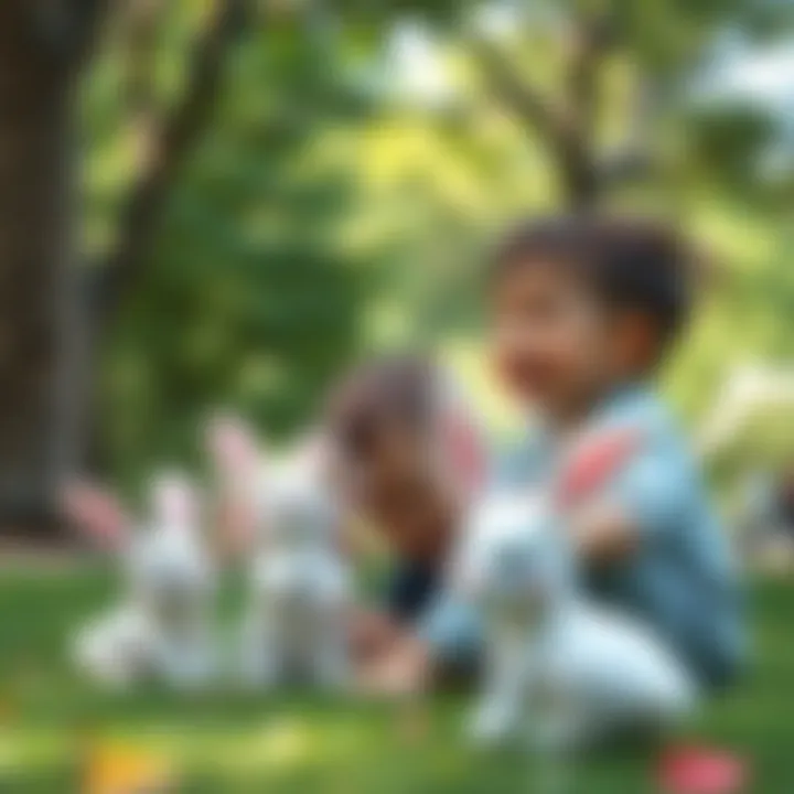 Children playing joyfully with their favorite ear bunny toys in a park