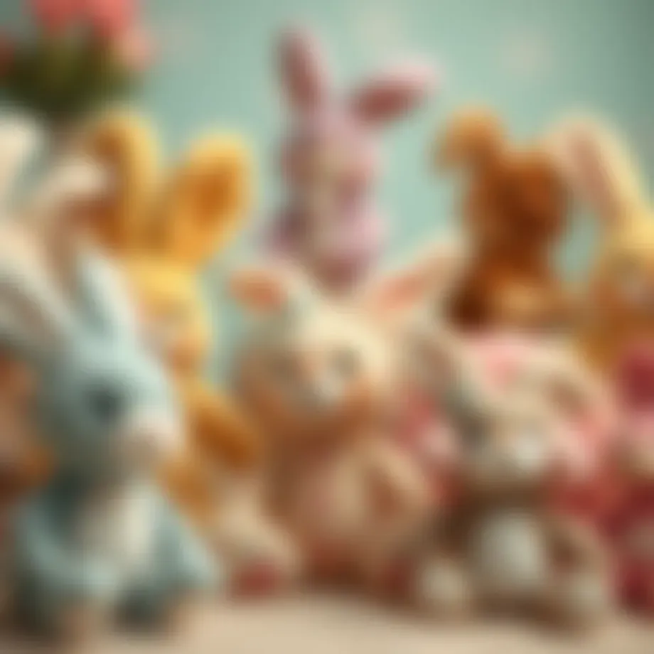 A collection of whimsical plush bunnies in various colors and sizes