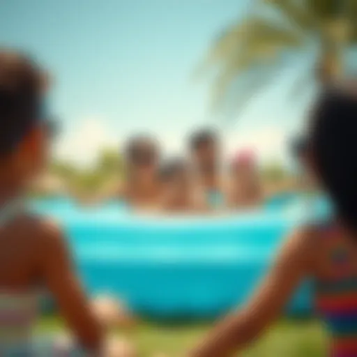 A family enjoying a large inflatable pool on a sunny day