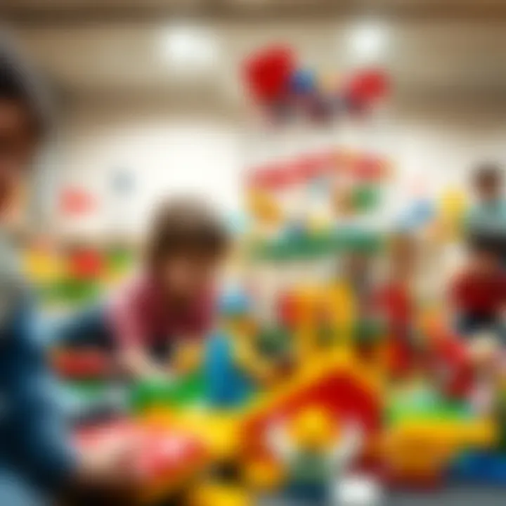 Children engaged in creative play with a large Lego structure