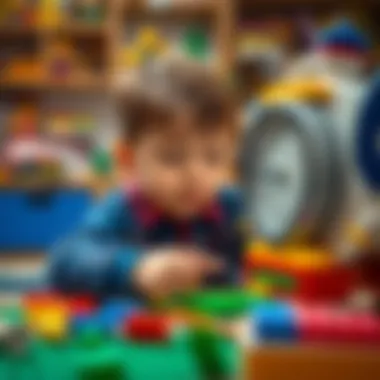 Child interacting with a Lego clock, learning about time