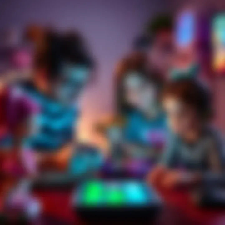 An engaging visual depicting children and families interacting with LOL characters in gaming.