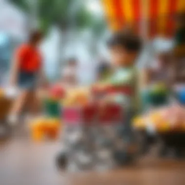 Child demonstrating motor skills with a market cart
