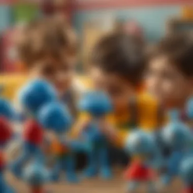 Children engaging with blue cartoon figures in a playful setting
