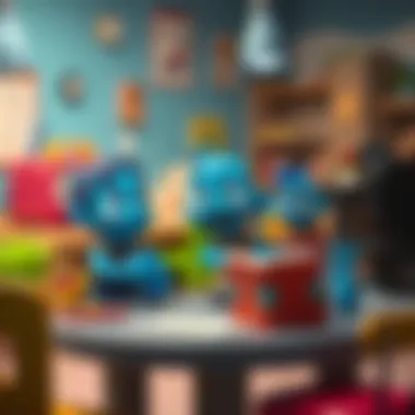 An illustrated scene showcasing educational interaction with blue characters