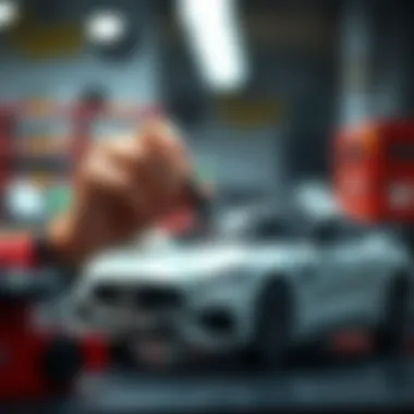 Quality Inspection of 1/18 Scale Model Car A person carefully inspecting a 1/18 scale model car for quality