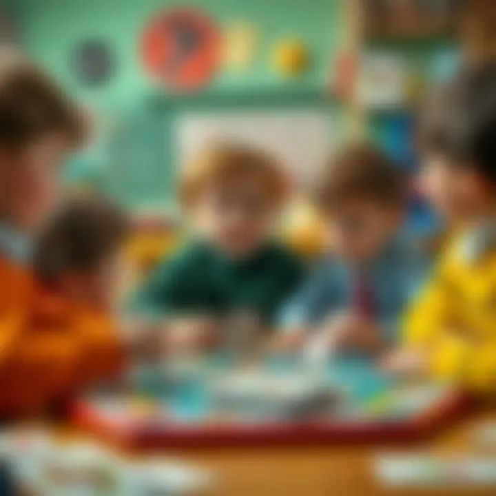 An educational setting where children interact with Monopoly cards, emphasizing their role in learning.