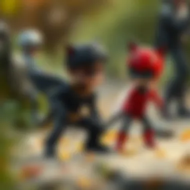 A scene depicting teamwork between Ladybug and Chat Noir
