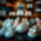 Various newborn baby shoes in an elegant display