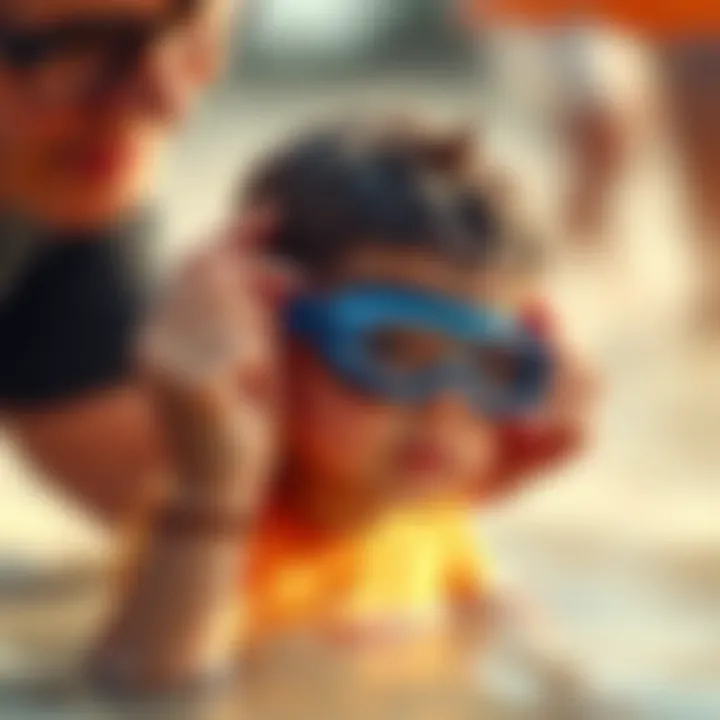 A parent assisting a child in adjusting their swimming goggles at the beach