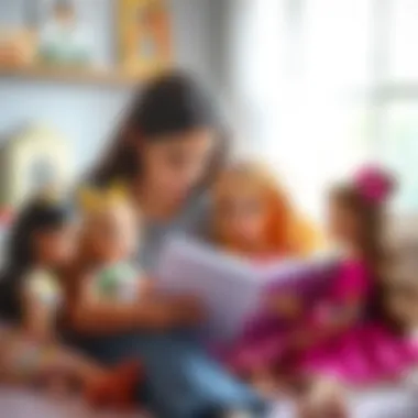 Storytime with Barbie A parent reading a story to a child with Barbie dolls nearby.