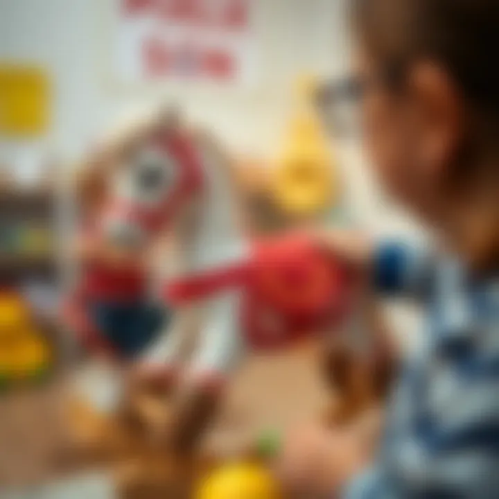 Parents selecting a musical rocking horse for their child