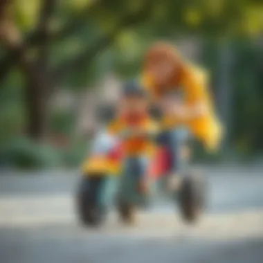 Parents teaching a child to ride a three-wheeled vehicle