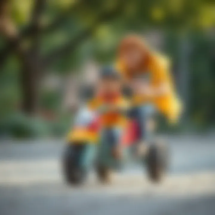 Parents teaching a child to ride a three-wheeled vehicle