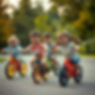 Group of children playing with balance bikes