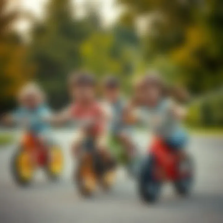 Group of children playing with balance bikes