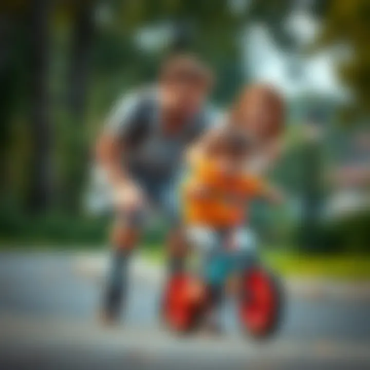 Parents assisting their child on a balance bike