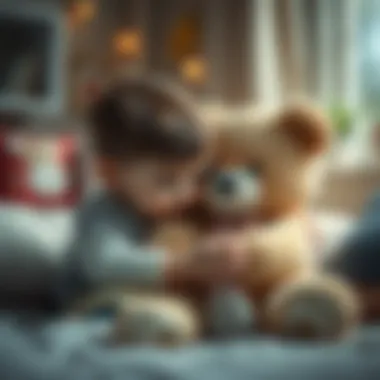 A child cuddling a plush teddy bear in a cozy setting