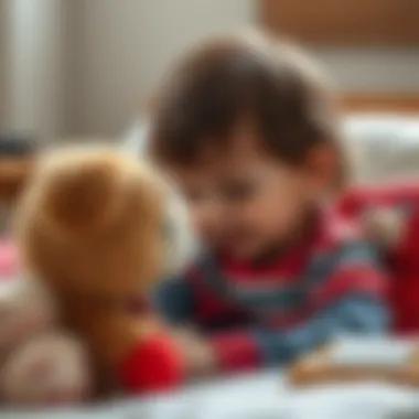 Child interacting with plush toys