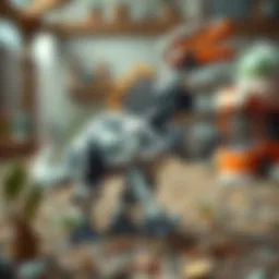 A futuristic robotic dinosaur in a playful environment.