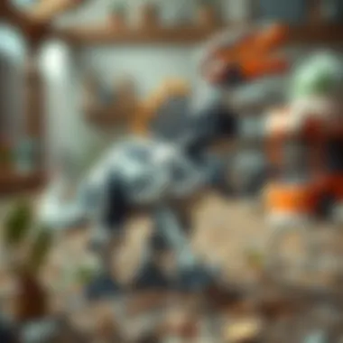 A futuristic robotic dinosaur in a playful environment.