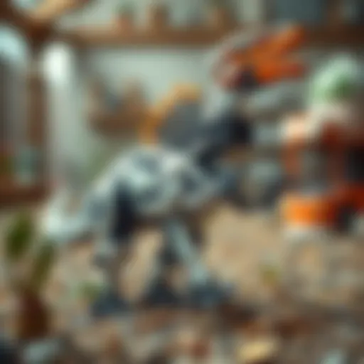 A futuristic robotic dinosaur in a playful environment.