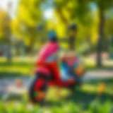 A vibrant scooter with colorful wheels parked in a sunny park.