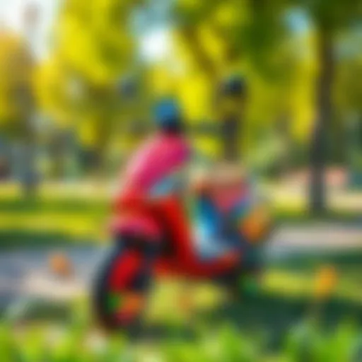 A vibrant scooter with colorful wheels parked in a sunny park.