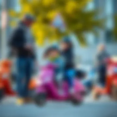 Safety First: Parental Guidance Parents supervising children riding scooters