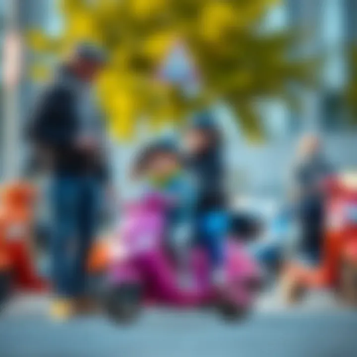 Safety First: Parental Guidance Parents supervising children riding scooters