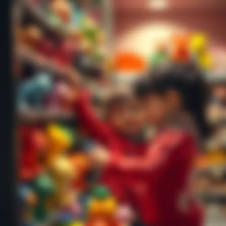 A parent and child selecting toothless toys from a shelf.