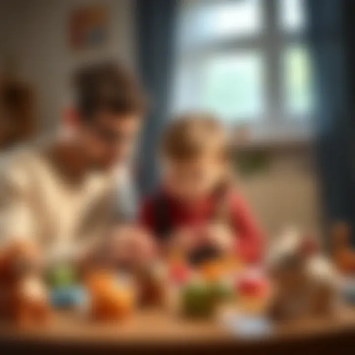 A parent guiding a child in crafting animal shapes from modeling clay, emphasizing family interaction and learning.