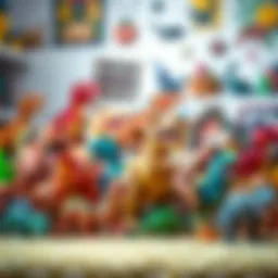 A colorful display of various T-Rex toys in a child's playroom