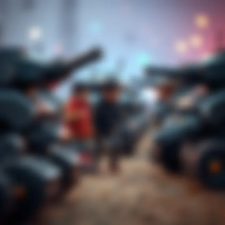 Group of children interacting with tank robots.