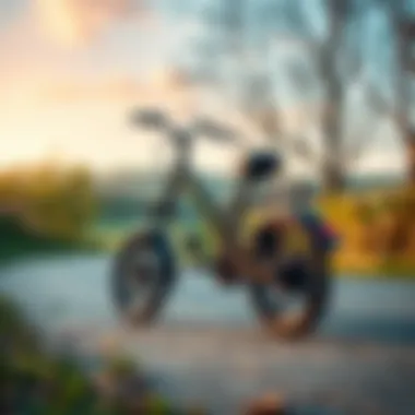 A stylish three-wheeled electric bicycle in action on a scenic path