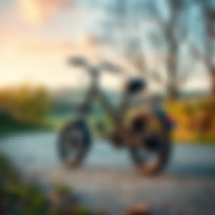 A stylish three-wheeled electric bicycle in action on a scenic path