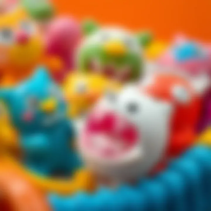 A close-up of colorful toothless toys designed for safe play.