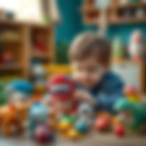 A child engaged in creative play with a variety of toothless toys.