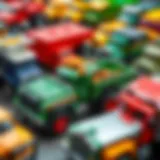 A collection of various toy trucks showcasing their unique designs and colors