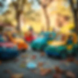 Colorful small cars for kids in a park setting