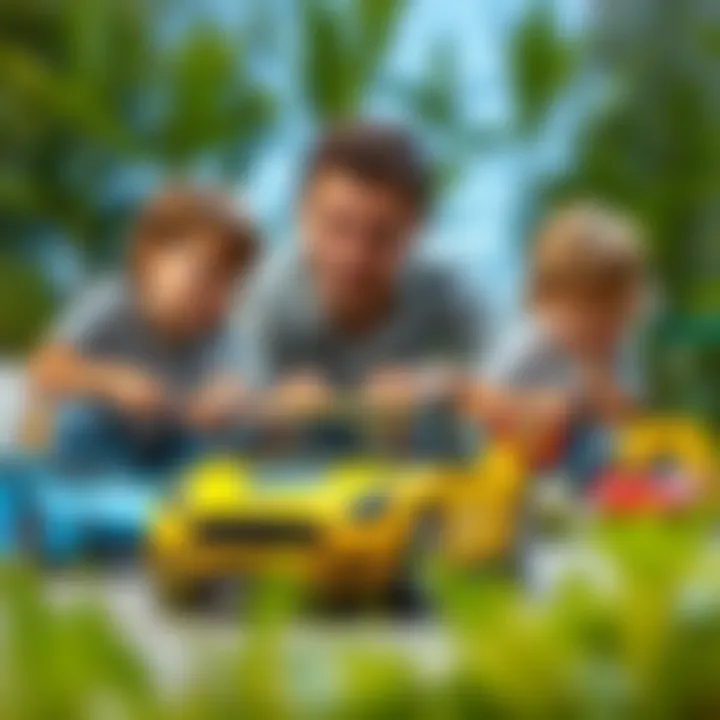 A parent supervising children playing with small cars