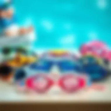 A selection of various models of children’s swimming goggles displayed on a table
