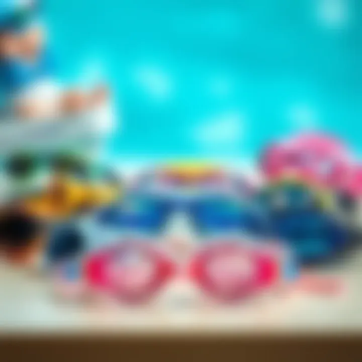 A selection of various models of children’s swimming goggles displayed on a table